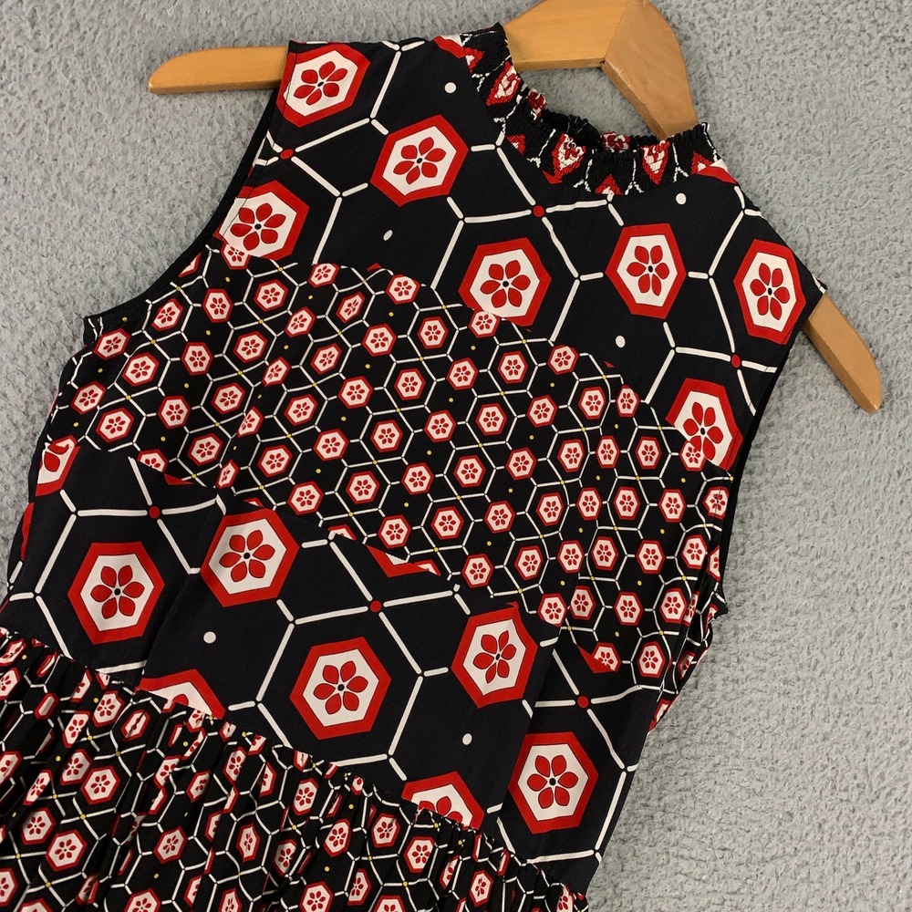 Sandro Paris Geometric Print Mini Dress Size 1 US 4 Red Black Silk Sleeveless - Picture 3 of 10